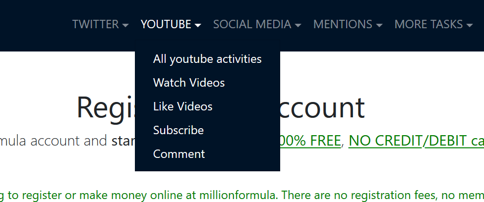 click on the youtube option on the menu to be able to earn money by liking youtube videos.