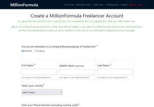 Create a MillionFormula Freelancer Account