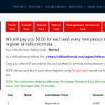 Get paid to refer people to MillionFormula. $0.06/signup