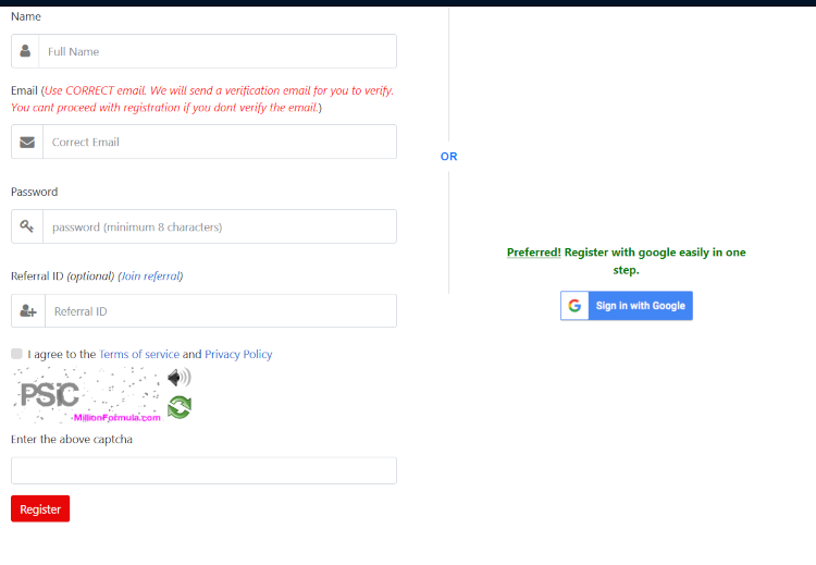 Million Formula registration page