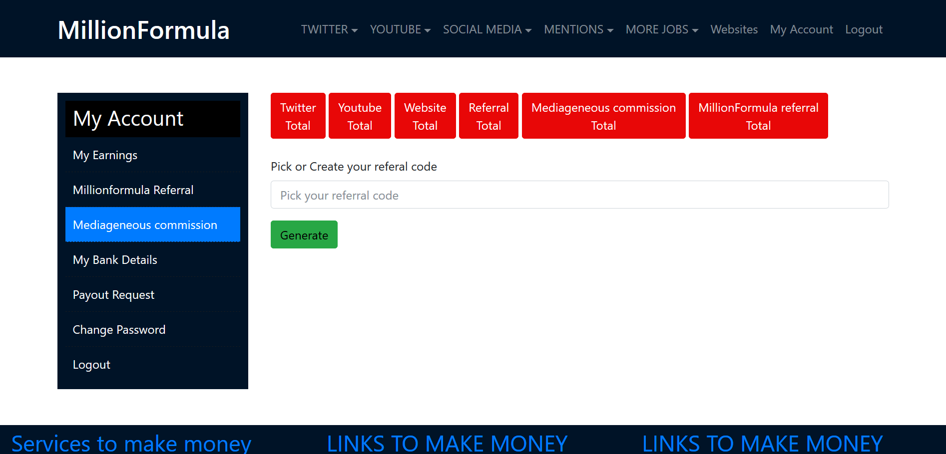 create referral ID at Mediageneous commission page