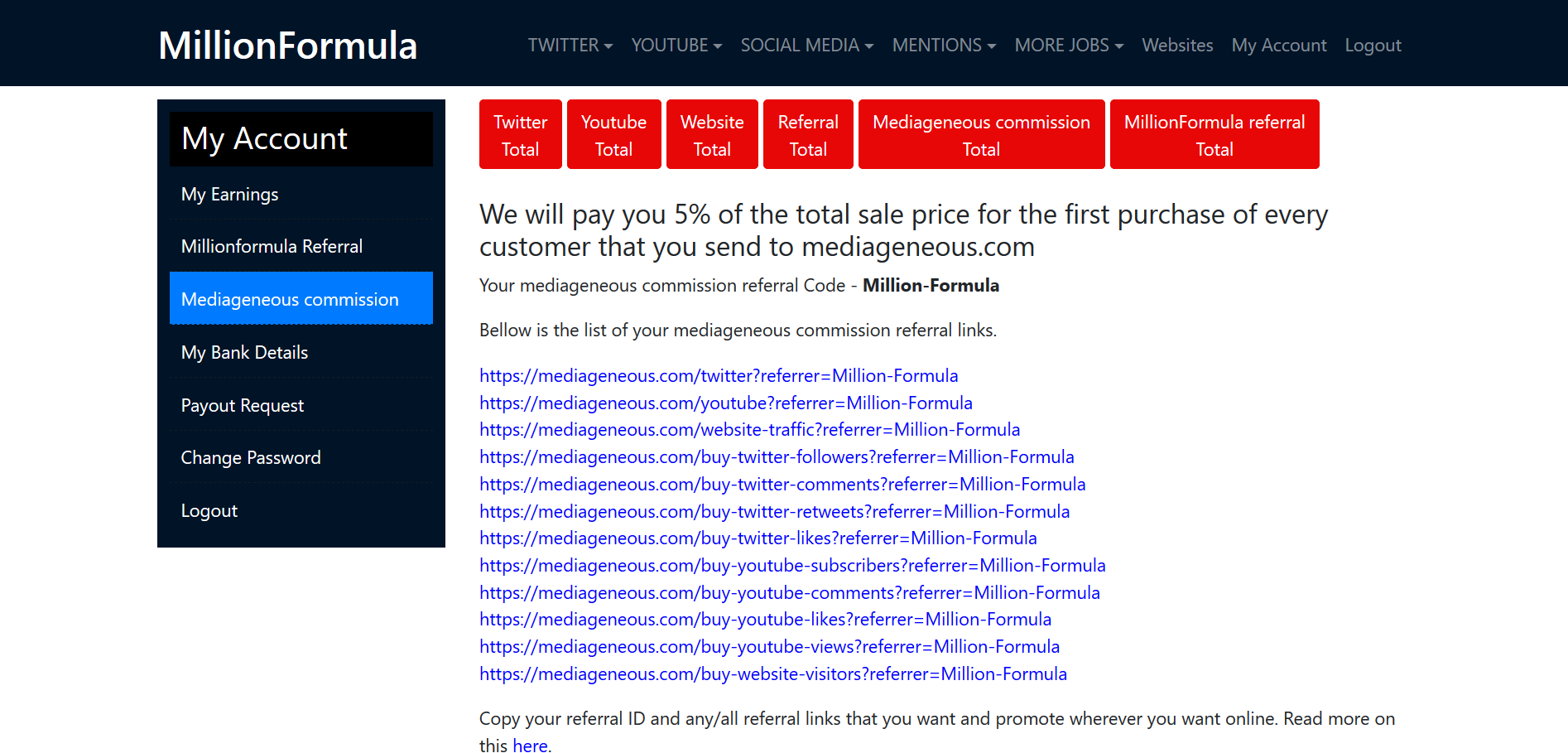 After you create your referral, our system will save it for you and generate the mediageneous referral links
