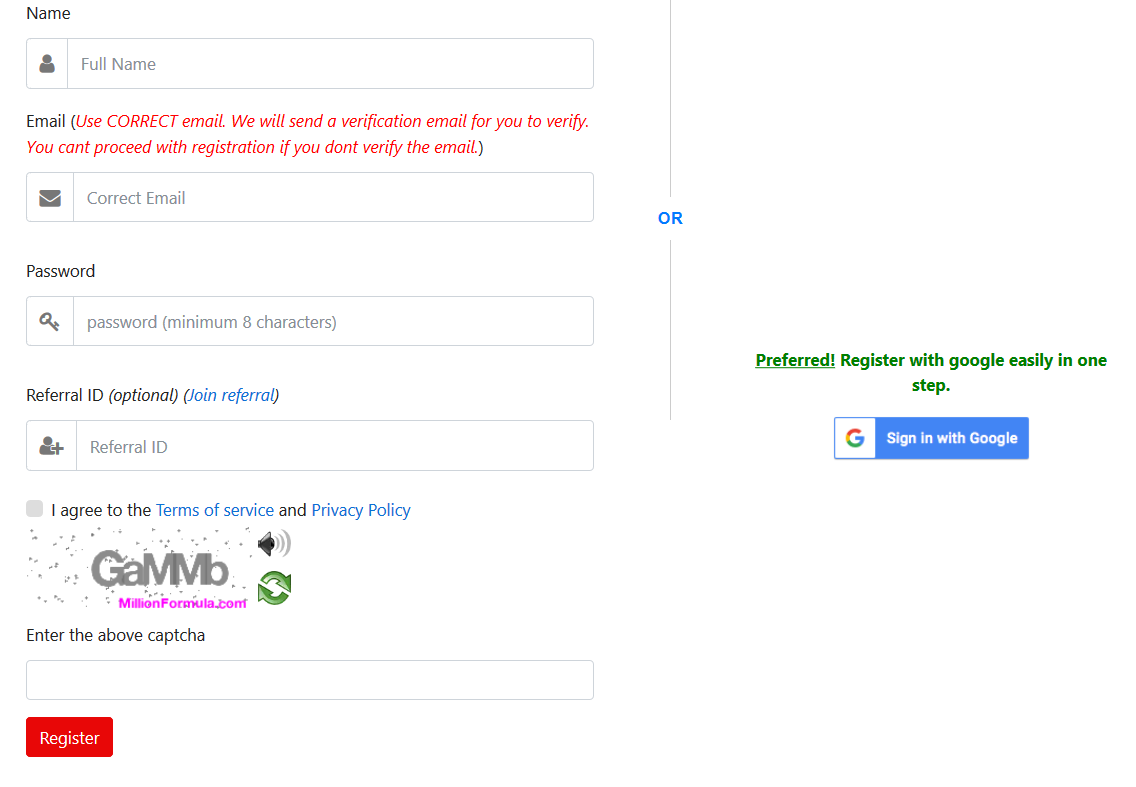 Millionformula registration page