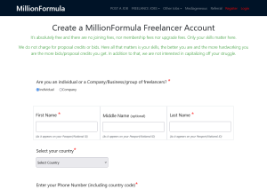 MillionFormula freelance registration page