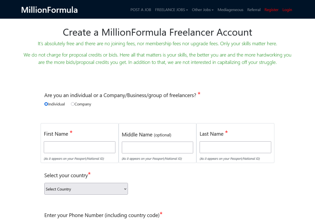 Create a freelancer account at MillionFormula